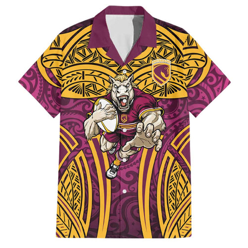 Brisbane Broncos Rugby Family Matching Off Shoulder Maxi Dress and Hawaiian Shirt Polynesian Tribal Pattern Warrior Horse Maroon Gold Pattern