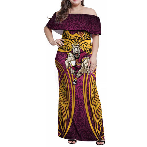 Brisbane Broncos Rugby Family Matching Off Shoulder Maxi Dress and Hawaiian Shirt Polynesian Tribal Pattern Warrior Horse Maroon Gold Pattern