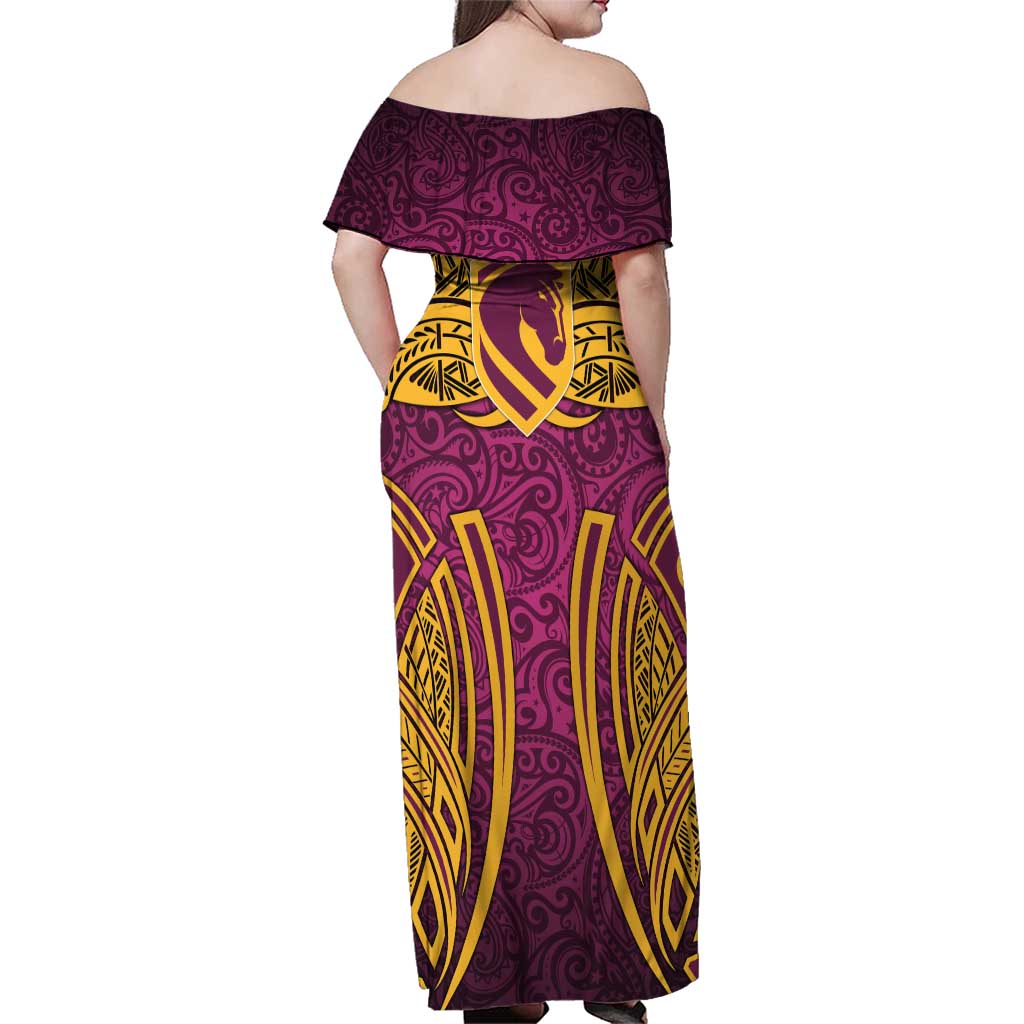 Brisbane Broncos Rugby Family Matching Off Shoulder Maxi Dress and Hawaiian Shirt Polynesian Tribal Pattern Warrior Horse Maroon Gold Pattern