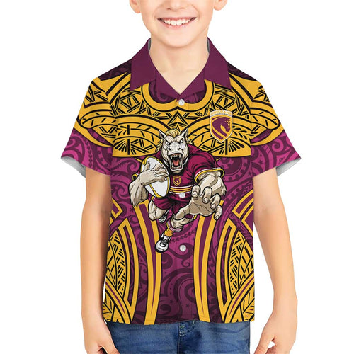 Brisbane Broncos Rugby Family Matching Off Shoulder Maxi Dress and Hawaiian Shirt Polynesian Tribal Pattern Warrior Horse Maroon Gold Pattern