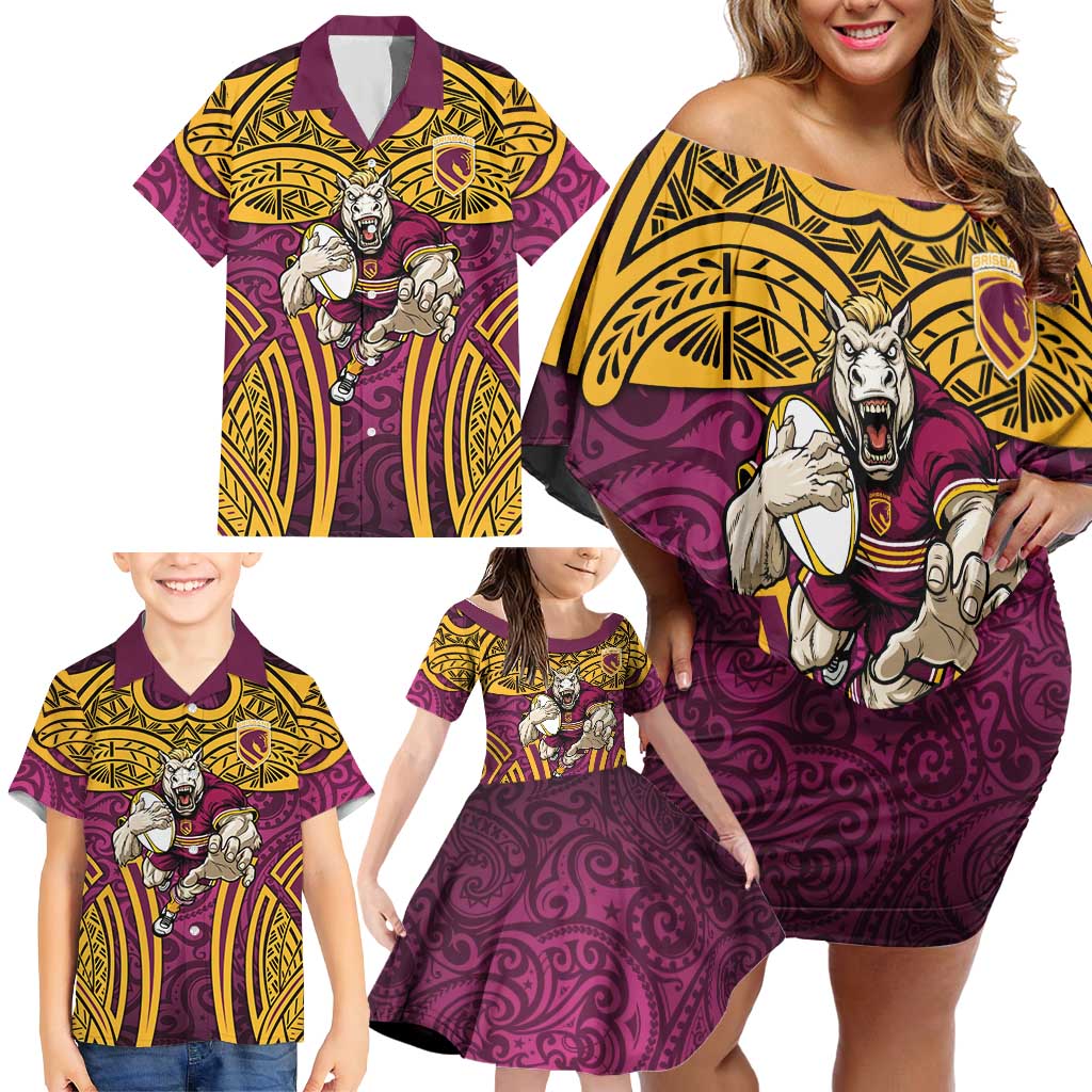Brisbane Broncos Rugby Family Matching Off Shoulder Short Dress and Hawaiian Shirt Polynesian Tribal Pattern Warrior Horse Maroon Gold Pattern