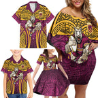 Brisbane Broncos Rugby Family Matching Off Shoulder Short Dress and Hawaiian Shirt Polynesian Tribal Pattern Warrior Horse Maroon Gold Pattern