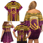Brisbane Broncos Rugby Family Matching Off Shoulder Short Dress and Hawaiian Shirt Polynesian Tribal Pattern Warrior Horse Maroon Gold Pattern