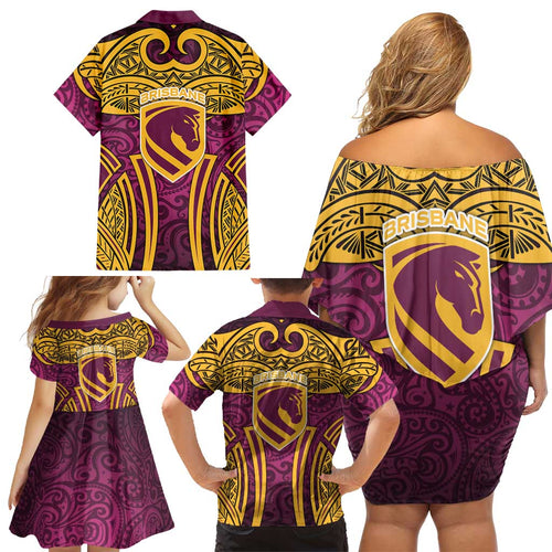 Brisbane Broncos Rugby Family Matching Off Shoulder Short Dress and Hawaiian Shirt Polynesian Tribal Pattern Warrior Horse Maroon Gold Pattern