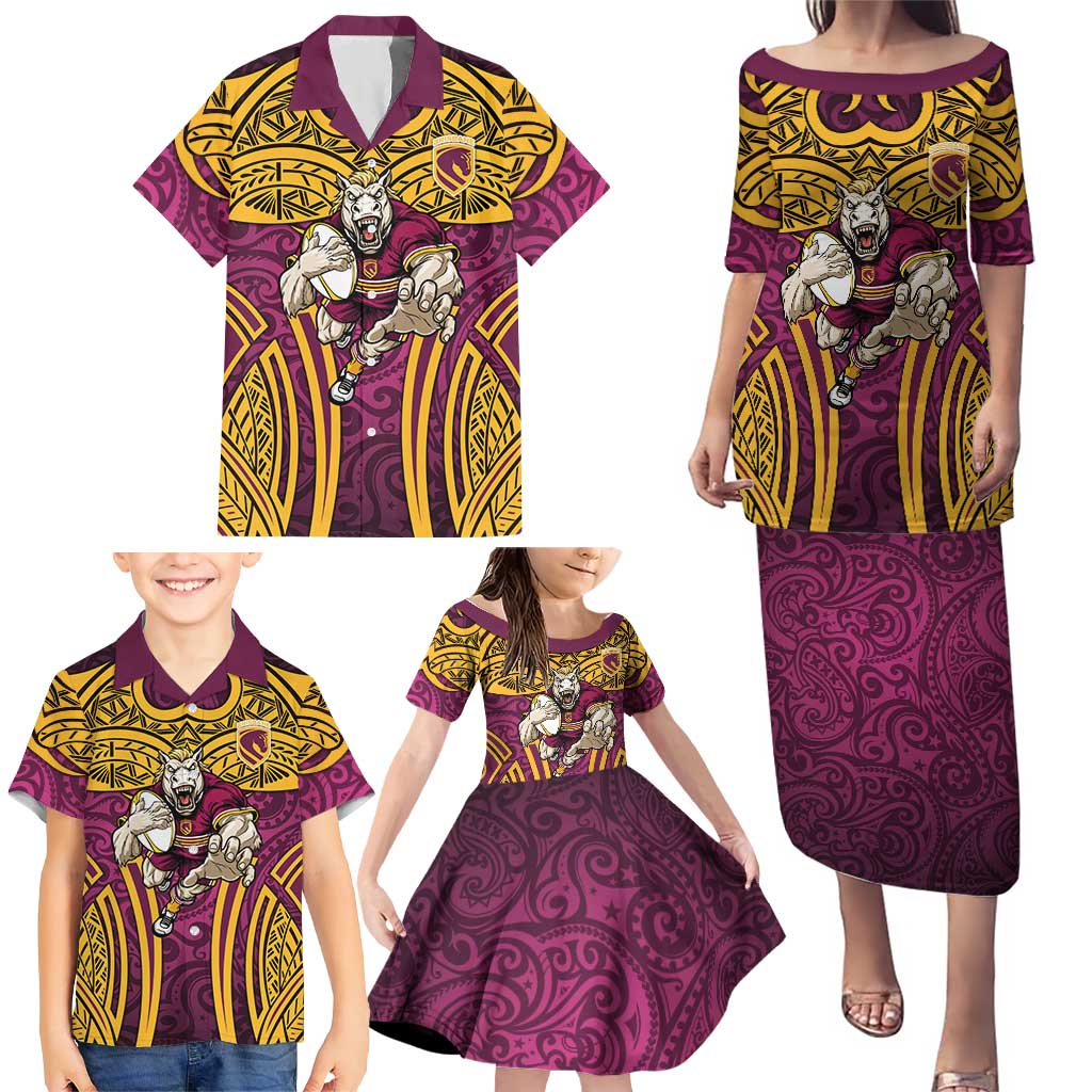 Brisbane Broncos Rugby Family Matching Puletasi and Hawaiian Shirt Polynesian Tribal Pattern Warrior Horse Maroon Gold Pattern