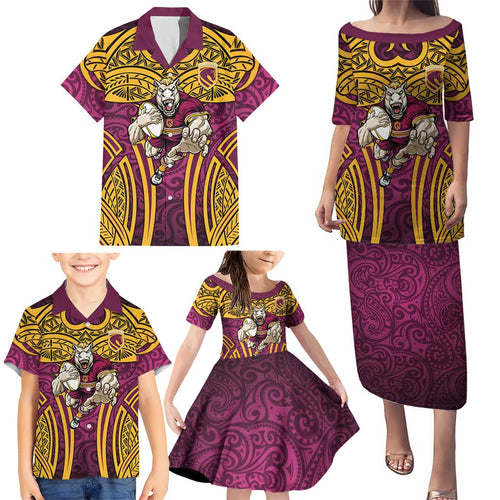 Brisbane Broncos Rugby Family Matching Puletasi and Hawaiian Shirt Polynesian Tribal Pattern Warrior Horse Maroon Gold Pattern