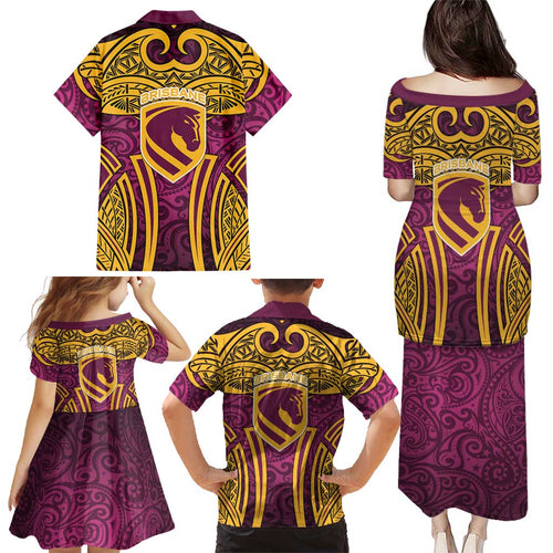 Brisbane Broncos Rugby Family Matching Puletasi and Hawaiian Shirt Polynesian Tribal Pattern Warrior Horse Maroon Gold Pattern