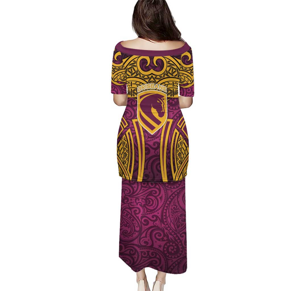 Brisbane Broncos Rugby Family Matching Puletasi and Hawaiian Shirt Polynesian Tribal Pattern Warrior Horse Maroon Gold Pattern