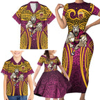 Brisbane Broncos Rugby Family Matching Short Sleeve Bodycon Dress and Hawaiian Shirt Polynesian Tribal Pattern Warrior Horse Maroon Gold Pattern