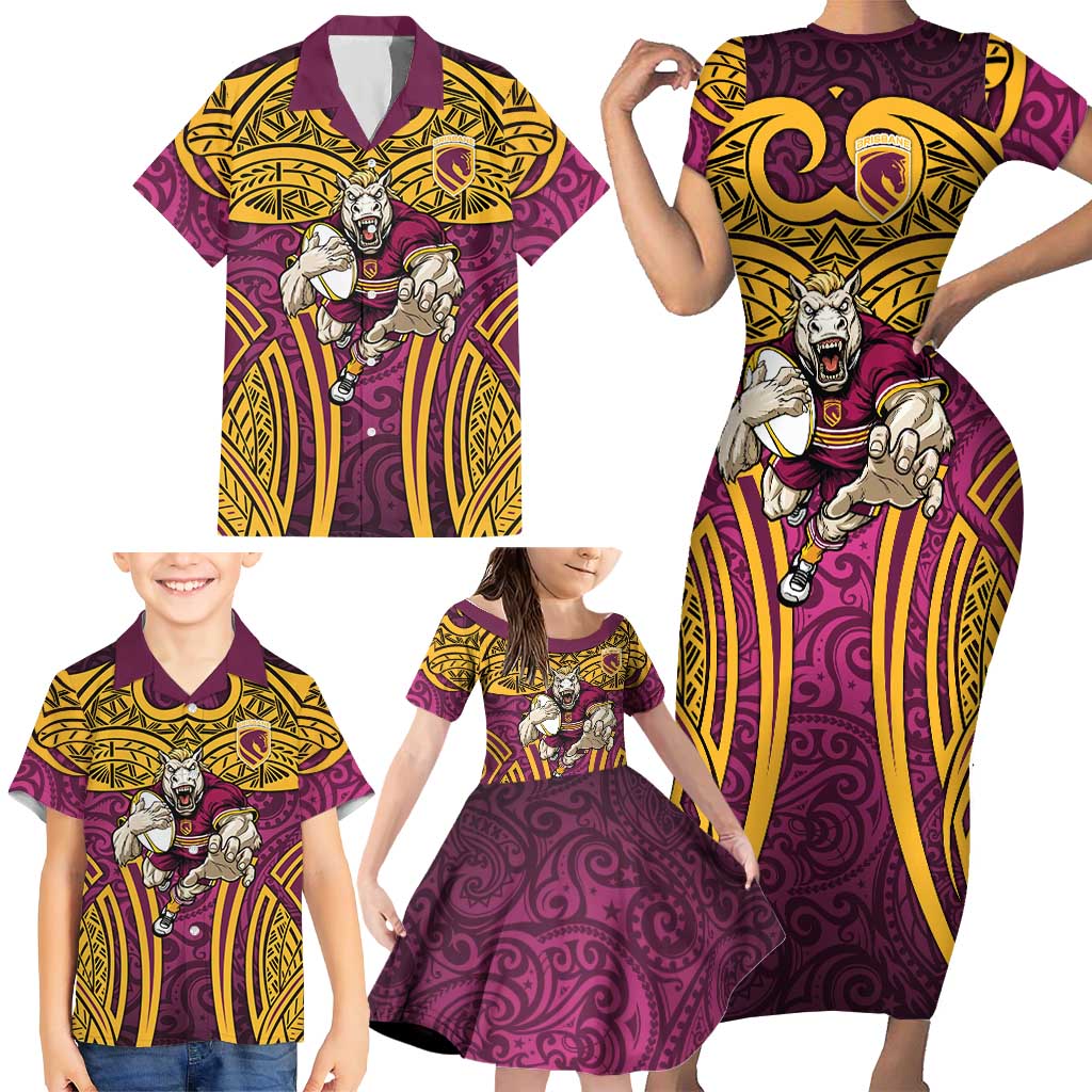 Brisbane Broncos Rugby Family Matching Short Sleeve Bodycon Dress and Hawaiian Shirt Polynesian Tribal Pattern Warrior Horse Maroon Gold Pattern