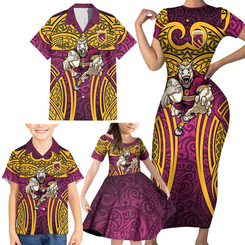 Brisbane Broncos Rugby Family Matching Short Sleeve Bodycon Dress and Hawaiian Shirt Polynesian Tribal Pattern Warrior Horse Maroon Gold Pattern