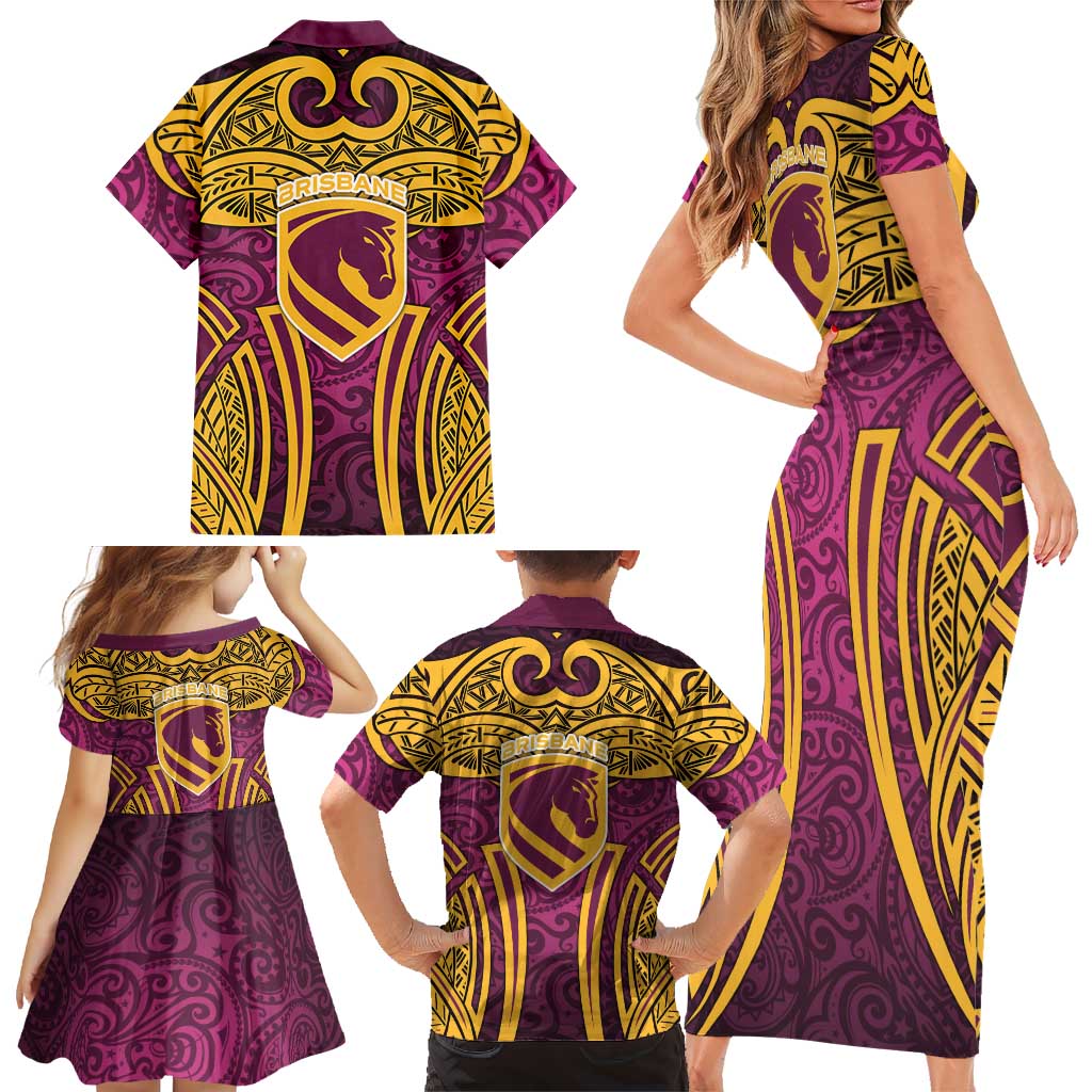 Brisbane Broncos Rugby Family Matching Short Sleeve Bodycon Dress and Hawaiian Shirt Polynesian Tribal Pattern Warrior Horse Maroon Gold Pattern