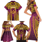 Brisbane Broncos Rugby Family Matching Short Sleeve Bodycon Dress and Hawaiian Shirt Polynesian Tribal Pattern Warrior Horse Maroon Gold Pattern