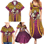 Brisbane Broncos Rugby Family Matching Summer Maxi Dress and Hawaiian Shirt Polynesian Tribal Pattern Warrior Horse Maroon Gold Pattern