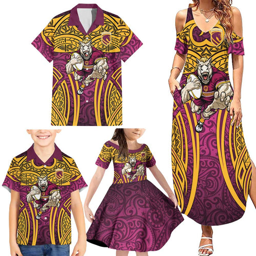 Brisbane Broncos Rugby Family Matching Summer Maxi Dress and Hawaiian Shirt Polynesian Tribal Pattern Warrior Horse Maroon Gold Pattern