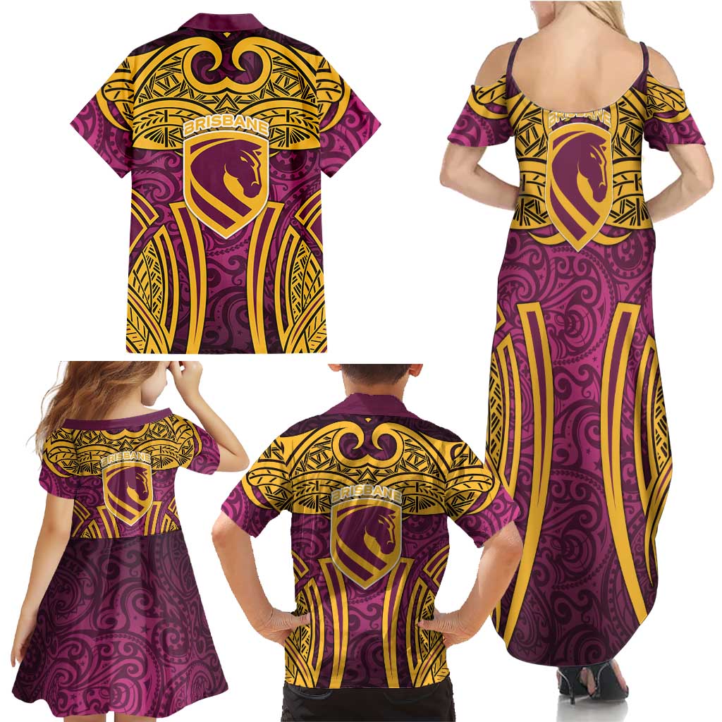 Brisbane Broncos Rugby Family Matching Summer Maxi Dress and Hawaiian Shirt Polynesian Tribal Pattern Warrior Horse Maroon Gold Pattern
