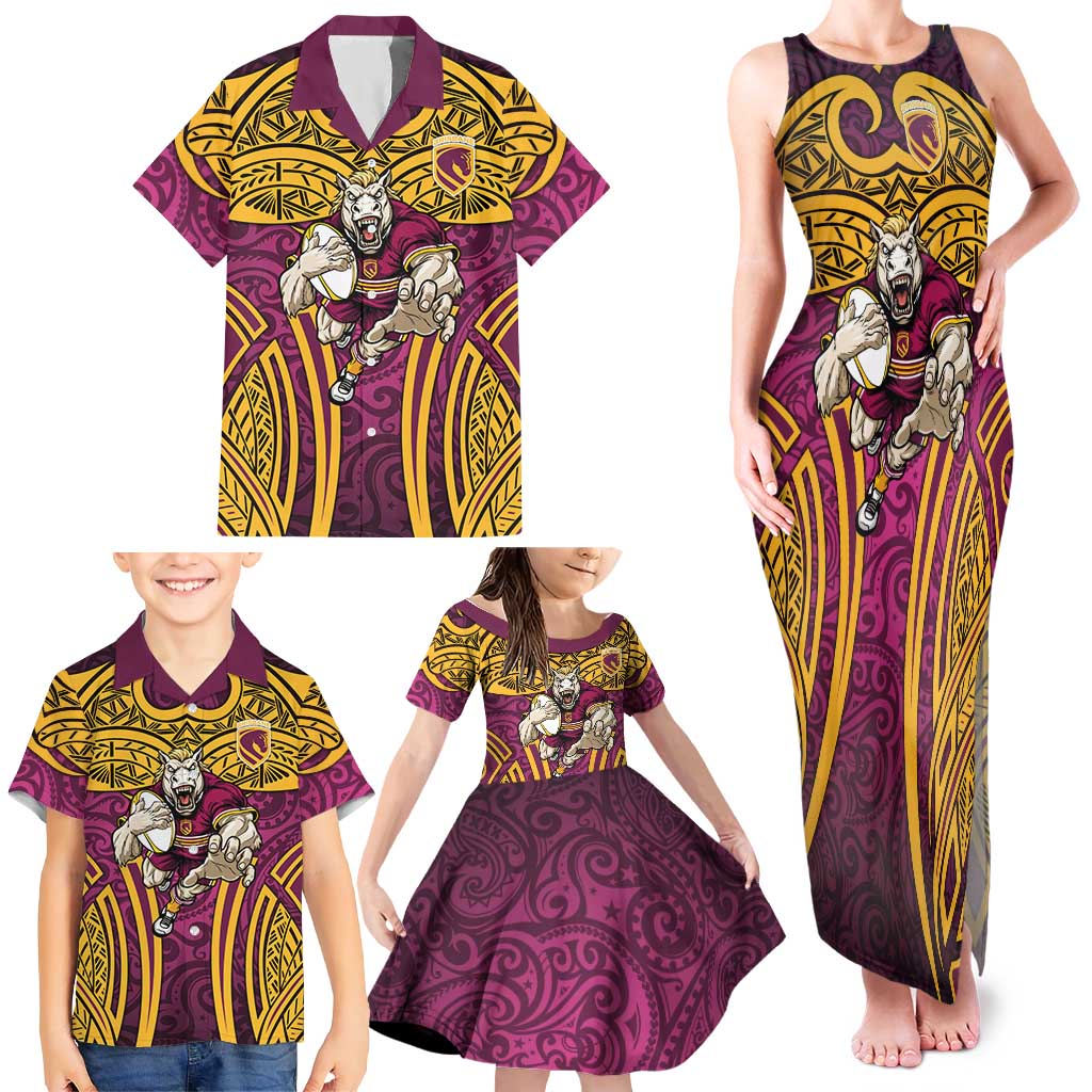 Brisbane Broncos Rugby Family Matching Tank Maxi Dress and Hawaiian Shirt Polynesian Tribal Pattern Warrior Horse Maroon Gold Pattern
