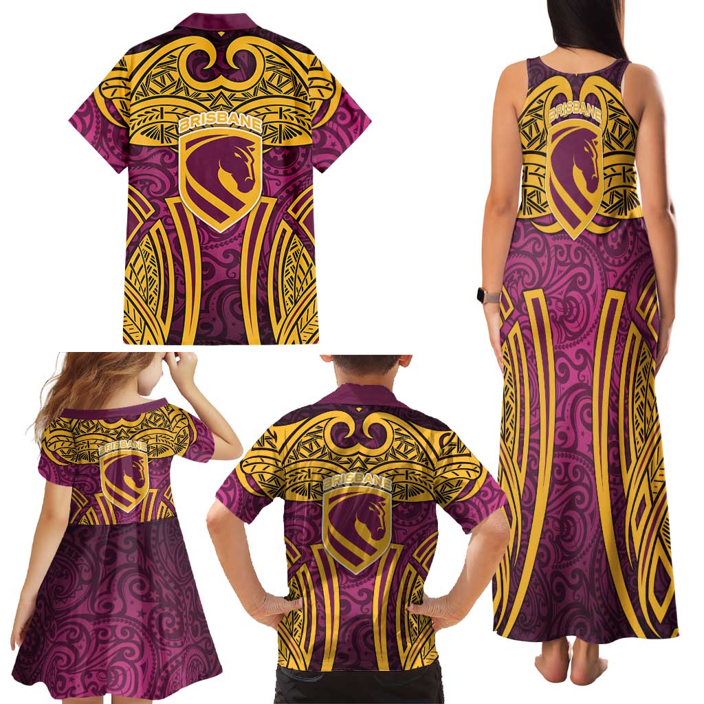 Brisbane Broncos Rugby Family Matching Tank Maxi Dress and Hawaiian Shirt Polynesian Tribal Pattern Warrior Horse Maroon Gold Pattern