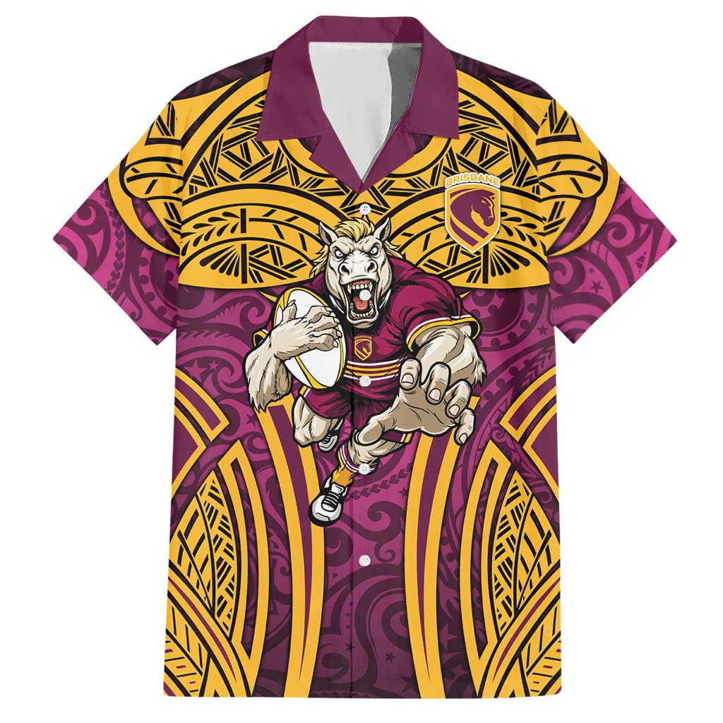 Brisbane Broncos Rugby Hawaiian Shirt Polynesian Tribal Pattern Warrior Horse Maroon Gold Pattern