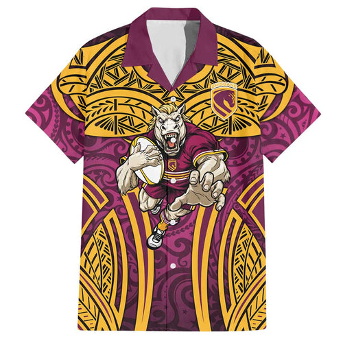 Brisbane Broncos Rugby Hawaiian Shirt Polynesian Tribal Pattern Warrior Horse Maroon Gold Pattern