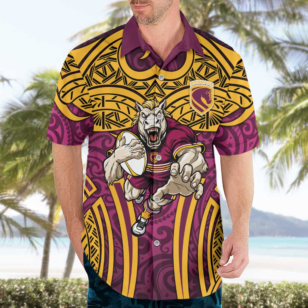 Brisbane Broncos Rugby Hawaiian Shirt Polynesian Tribal Pattern Warrior Horse Maroon Gold Pattern