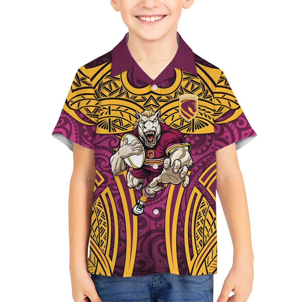 Brisbane Broncos Rugby Hawaiian Shirt Polynesian Tribal Pattern Warrior Horse Maroon Gold Pattern