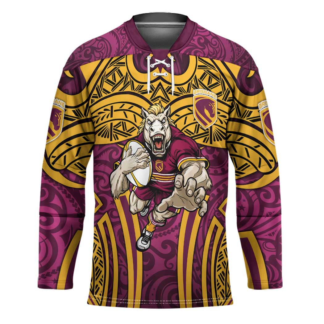 Brisbane Broncos Rugby Hockey Jersey Polynesian Tribal Pattern Warrior Horse Maroon Gold Pattern