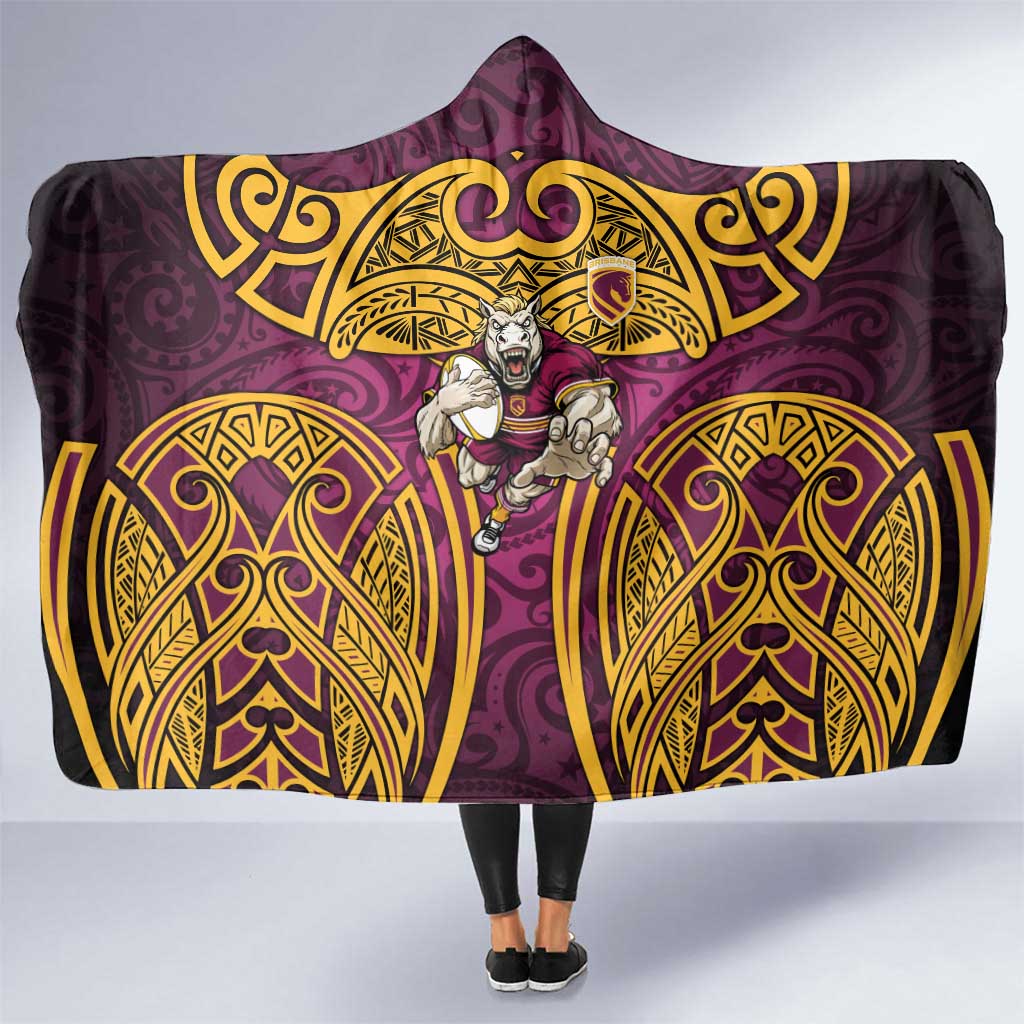 Brisbane Broncos Rugby Hooded Blanket Polynesian Tribal Pattern Warrior Horse Maroon Gold Pattern