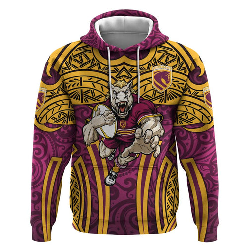 Brisbane Broncos Rugby Hoodie Polynesian Tribal Pattern Warrior Horse Maroon Gold Pattern