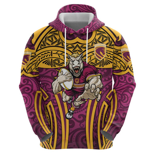 Brisbane Broncos Rugby Hoodie Polynesian Tribal Pattern Warrior Horse Maroon Gold Pattern