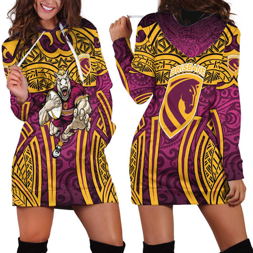 Brisbane Broncos Rugby Hoodie Dress Polynesian Tribal Pattern Warrior Horse Maroon Gold Pattern