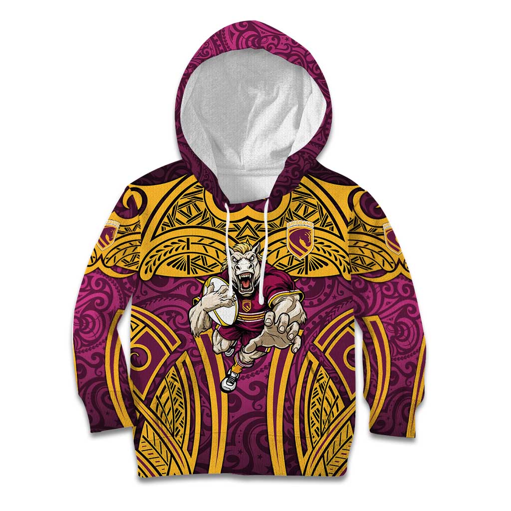 Brisbane Broncos Rugby Kid Hoodie Polynesian Tribal Pattern Warrior Horse Maroon Gold Pattern