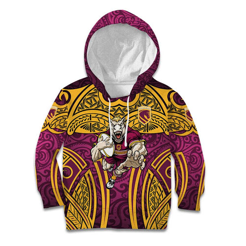 Brisbane Broncos Rugby Kid Hoodie Polynesian Tribal Pattern Warrior Horse Maroon Gold Pattern
