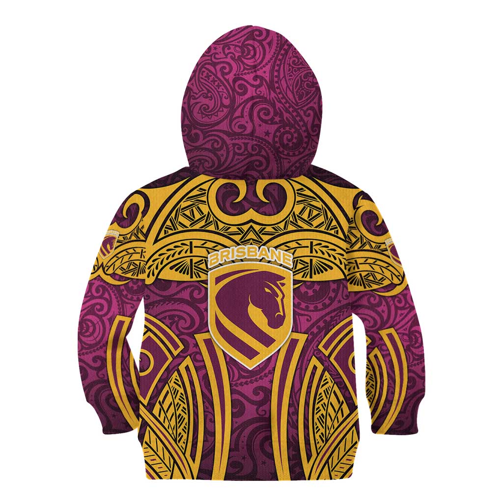 Brisbane Broncos Rugby Kid Hoodie Polynesian Tribal Pattern Warrior Horse Maroon Gold Pattern