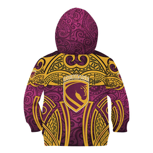 Brisbane Broncos Rugby Kid Hoodie Polynesian Tribal Pattern Warrior Horse Maroon Gold Pattern