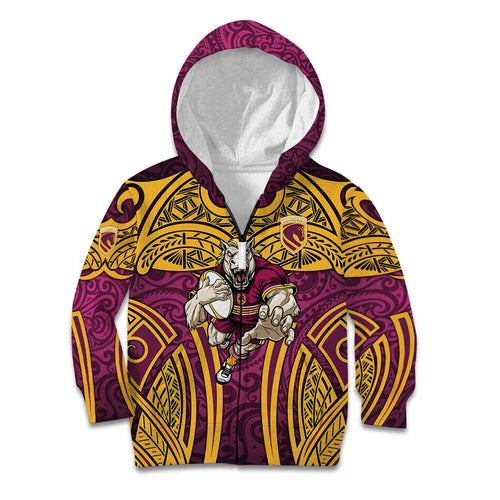 Brisbane Broncos Rugby Kid Hoodie Polynesian Tribal Pattern Warrior Horse Maroon Gold Pattern