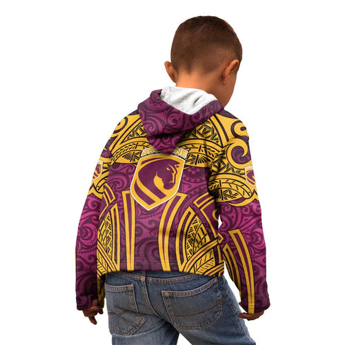 Brisbane Broncos Rugby Kid Hoodie Polynesian Tribal Pattern Warrior Horse Maroon Gold Pattern
