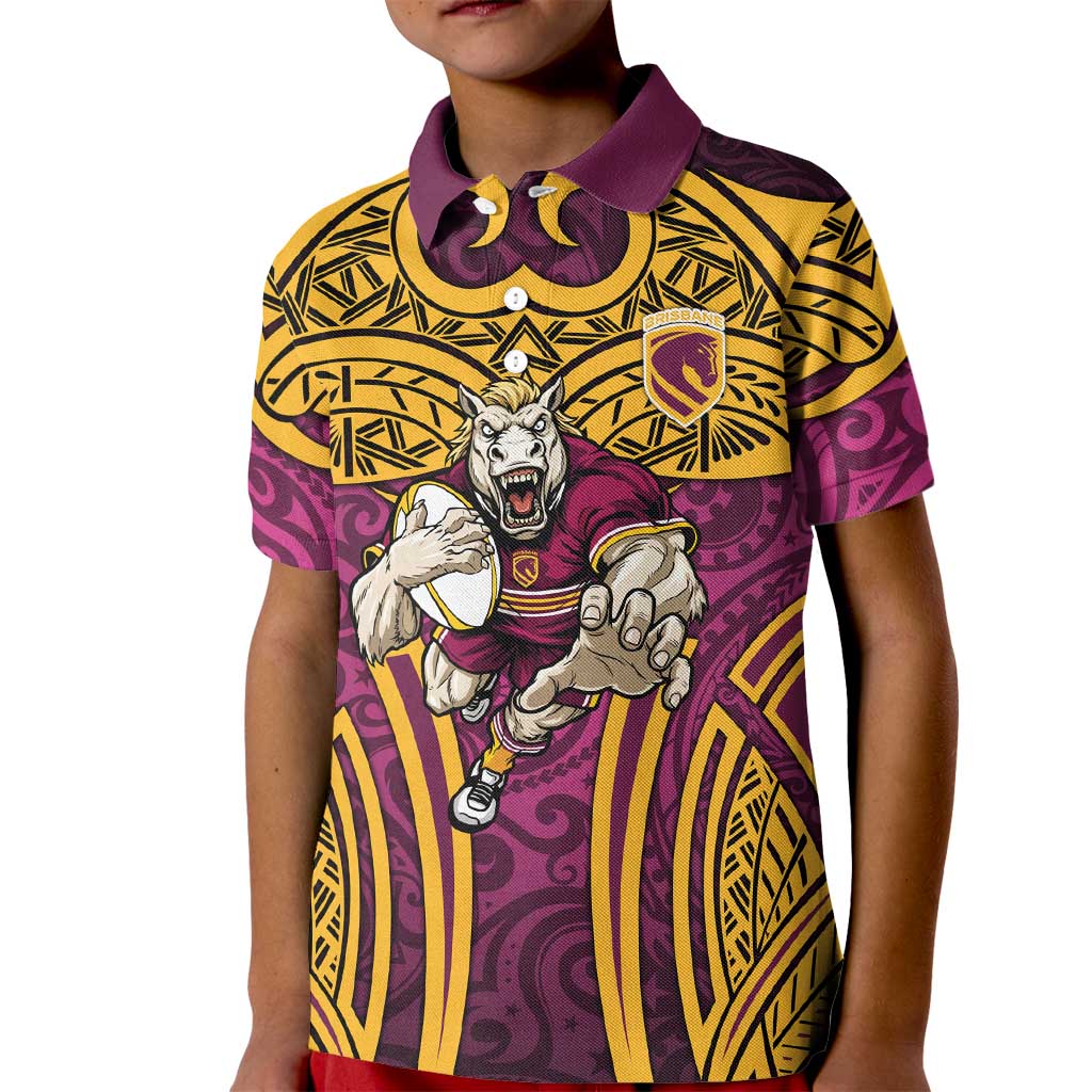 Brisbane Broncos Rugby Kid Polo Shirt Polynesian Tribal Pattern Warrior Horse Maroon Gold Pattern