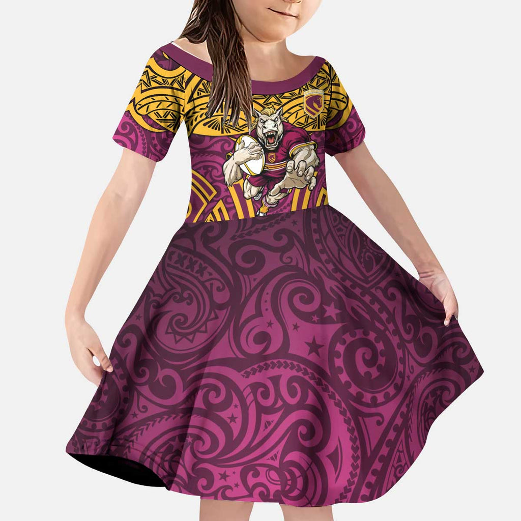 Brisbane Broncos Rugby Kid Short Sleeve Dress Polynesian Tribal Pattern Warrior Horse Maroon Gold Pattern