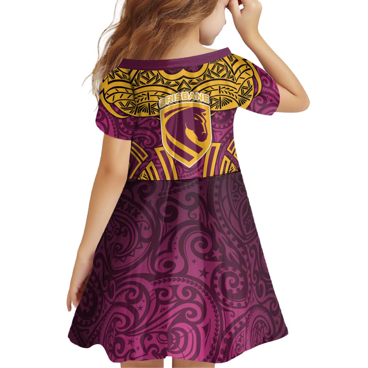 Brisbane Broncos Rugby Kid Short Sleeve Dress Polynesian Tribal Pattern Warrior Horse Maroon Gold Pattern
