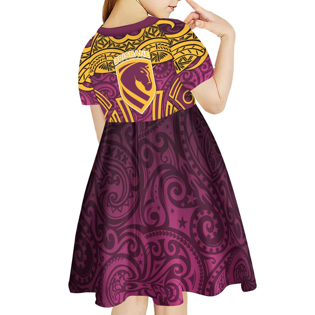 Brisbane Broncos Rugby Kid Short Sleeve Dress Polynesian Tribal Pattern Warrior Horse Maroon Gold Pattern