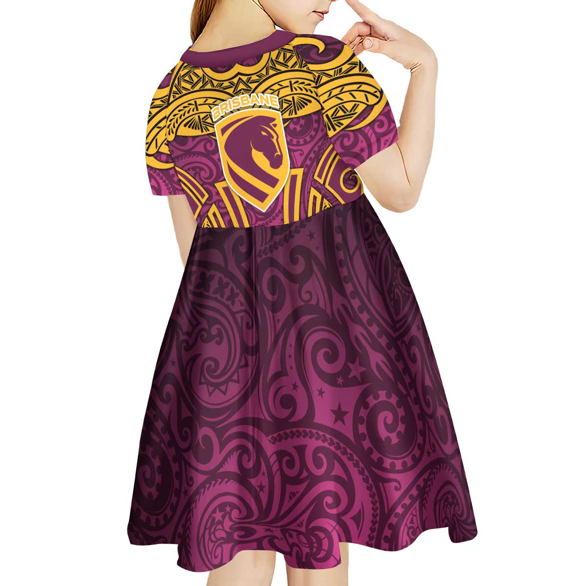 Brisbane Broncos Rugby Kid Short Sleeve Dress Polynesian Tribal Pattern Warrior Horse Maroon Gold Pattern