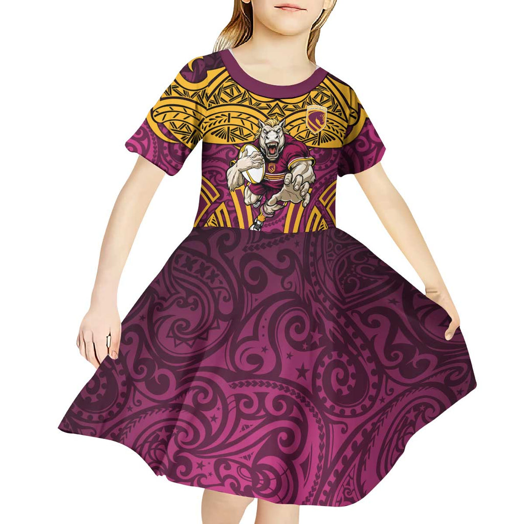 Brisbane Broncos Rugby Kid Short Sleeve Dress Polynesian Tribal Pattern Warrior Horse Maroon Gold Pattern