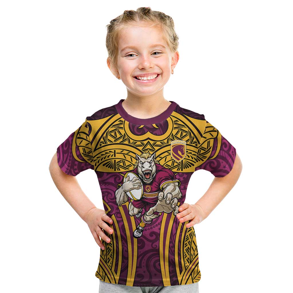 Brisbane Broncos Rugby Kid T Shirt Polynesian Tribal Pattern Warrior Horse Maroon Gold Pattern