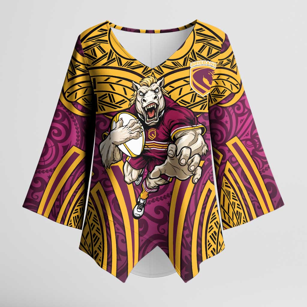 Brisbane Broncos Rugby Kimono Sleeve Blouse Polynesian Tribal Pattern Warrior Horse Maroon Gold Pattern