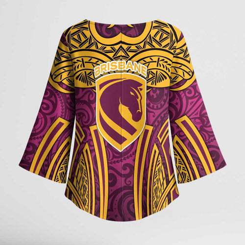 Brisbane Broncos Rugby Kimono Sleeve Blouse Polynesian Tribal Pattern Warrior Horse Maroon Gold Pattern