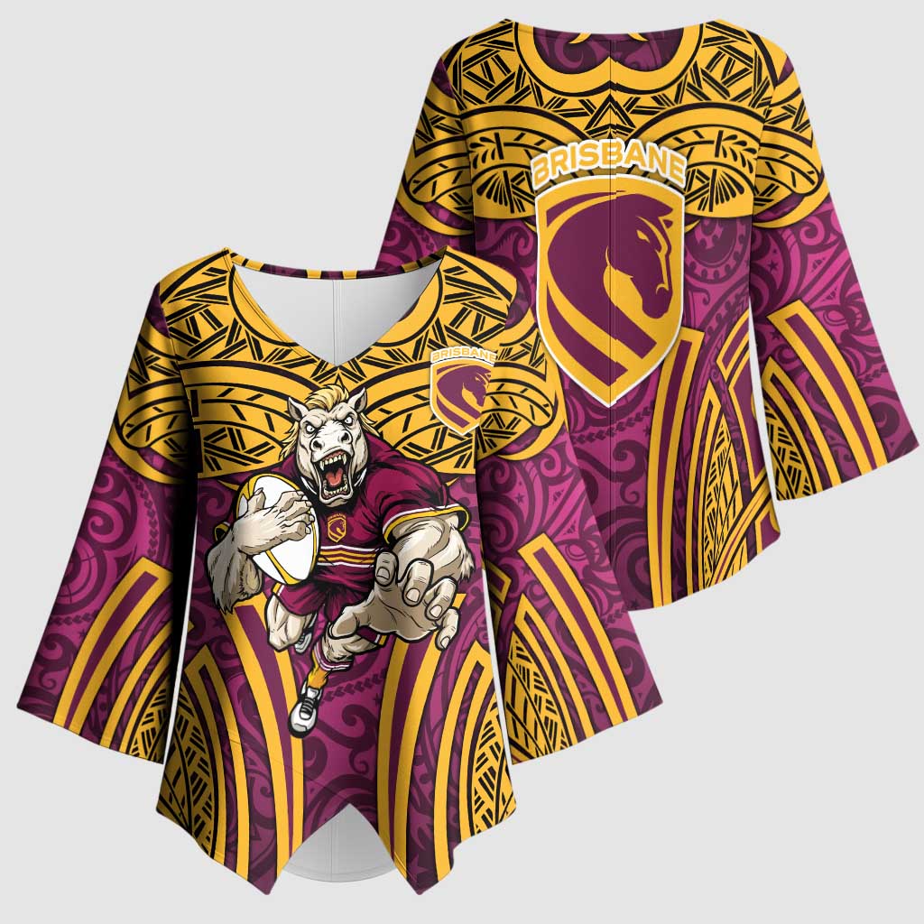 Brisbane Broncos Rugby Kimono Sleeve Blouse Polynesian Tribal Pattern Warrior Horse Maroon Gold Pattern
