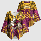 Brisbane Broncos Rugby Kimono Sleeve Blouse Polynesian Tribal Pattern Warrior Horse Maroon Gold Pattern