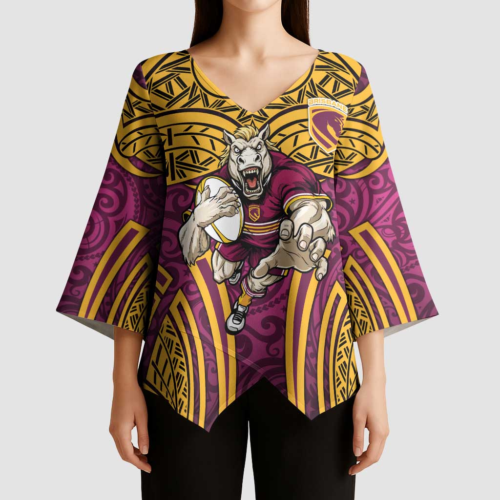 Brisbane Broncos Rugby Kimono Sleeve Blouse Polynesian Tribal Pattern Warrior Horse Maroon Gold Pattern