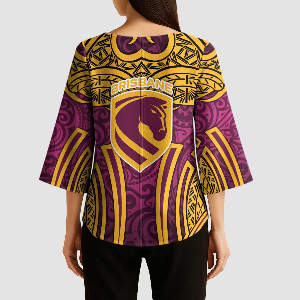 Brisbane Broncos Rugby Kimono Sleeve Blouse Polynesian Tribal Pattern Warrior Horse Maroon Gold Pattern